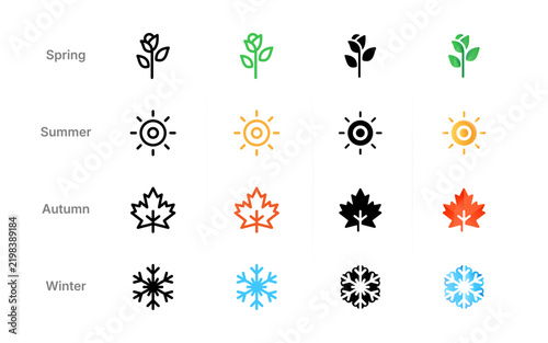 Four Seasons Icons with four style. Spring, Summer, Autumn, Winter icons. line, fill and color variation illustration.