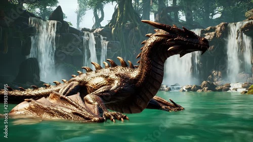Giant Golden Dragon Resting on Turquoise Water Beneath Majestic Cascading Waterfalls