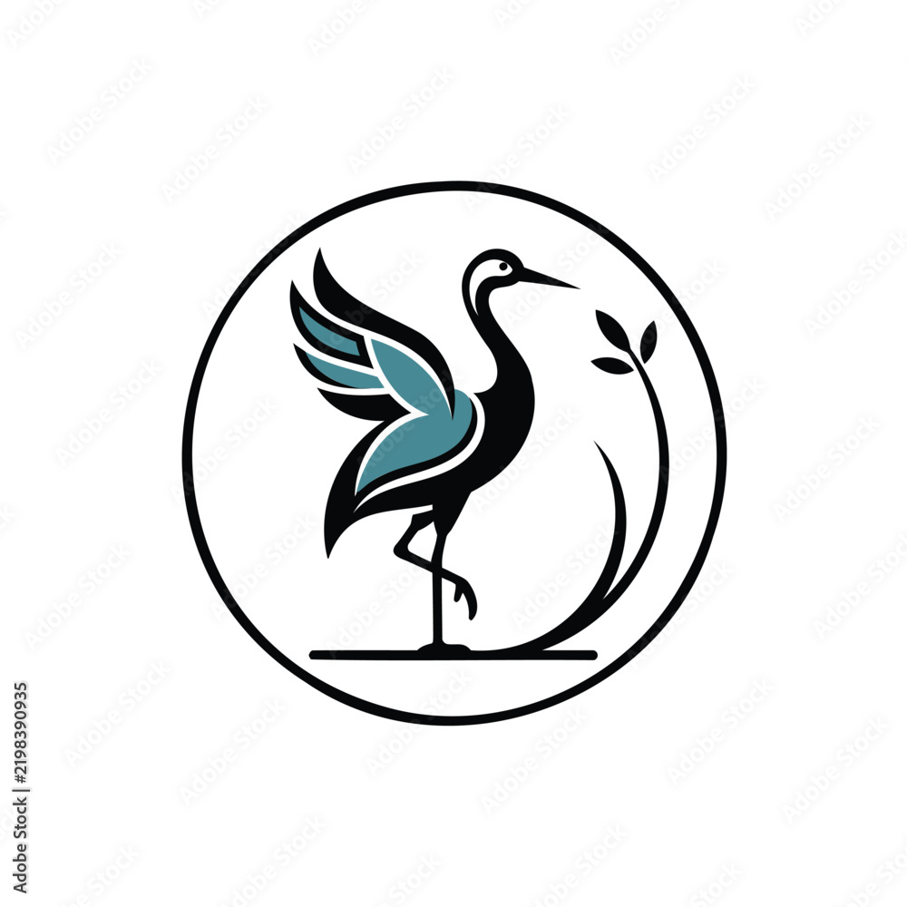 Fototapeta premium Elegant crane bird logo design inside a circular frame with floral elements for luxury branding and spa wellness or nature identity vector