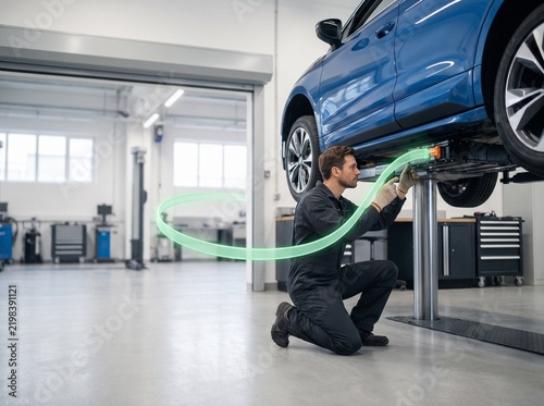 Automotive technician inspecting electric car battery on lift in modern workshop
