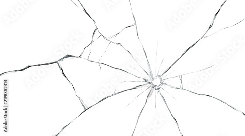 A detailed cracked glass radial fracture with sharp lines and a shattered central impact point as a PNG isolated on a transparent background for graphic design