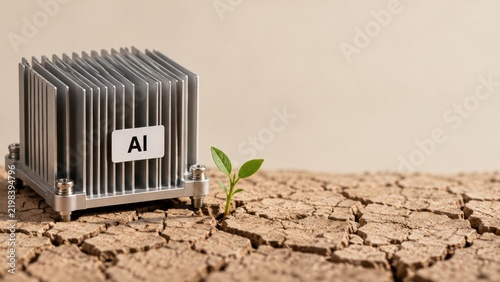 AI chip and green sprout on cracked dry soil