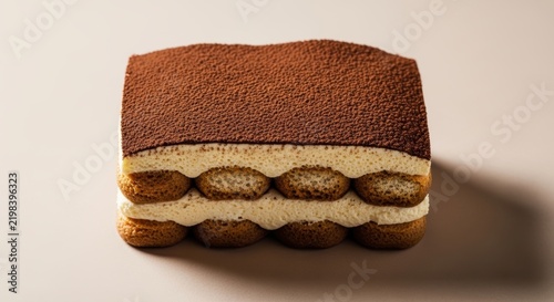 A delicious slice of traditional italian tiramisu cake topped with cocoa powder and layered with creamy mascarpone cheese and coffee soaked ladyfinger biscuits on a plate