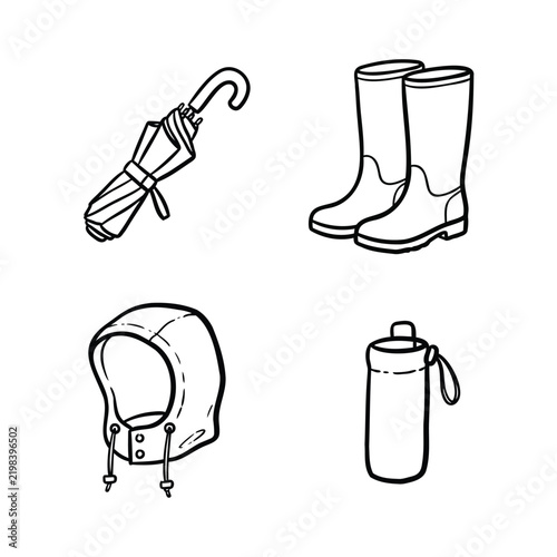 Set of black and white line art icons featuring a folded umbrella rubber rain boots a hooded jacket and a water bottle for rainy weather