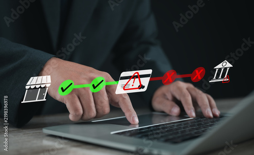 Online payment failure with credit card warning and rejected transaction path between store and bank, representing declined purchase, banking error, checkout problem and payment risk.