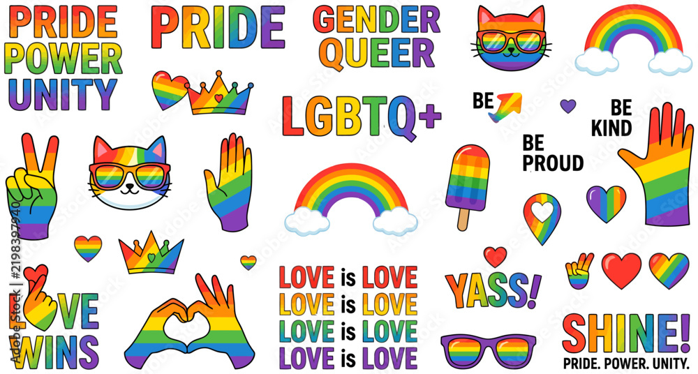 Fototapeta premium Colorful Rainbow Pride Equality Vector Sticker Set with Text and Symbols