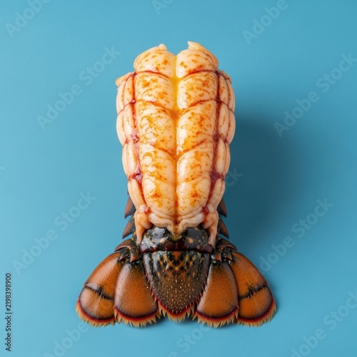 Fresh raw lobster tail on a solid blue background