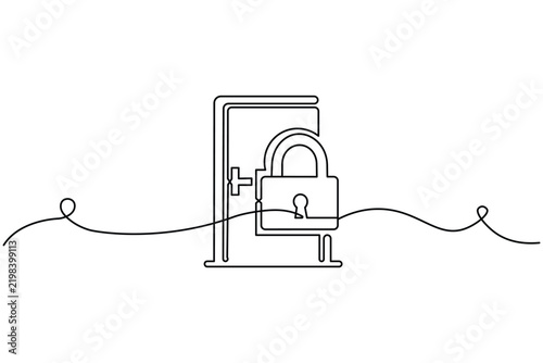 Padlock continuous one line art featuring a simple outlined lock with a key, vertical door frame, and flowing curved line extending across the composition in black strokes.