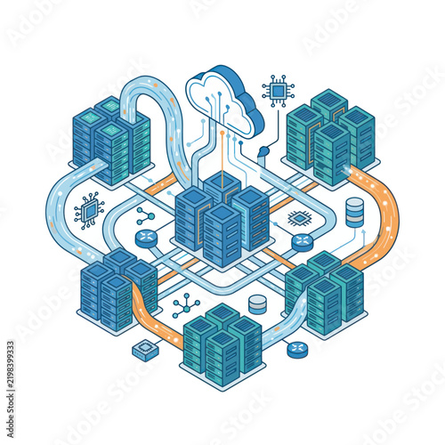ModernIsometricDataCenterNetworkCloudInfrastructureIllustration.