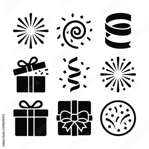 Black and white icons of gifts, fireworks, and celebrations