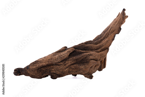 Driftwood aged wood isolated on white background. Piece of driftwood driftwood close up for aquarium.