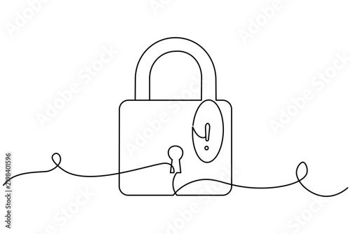 Padlock continuous line art features a centered lock, arched shackle, keyhole, oval detail, and flowing curved line in a clean minimalist outline design.