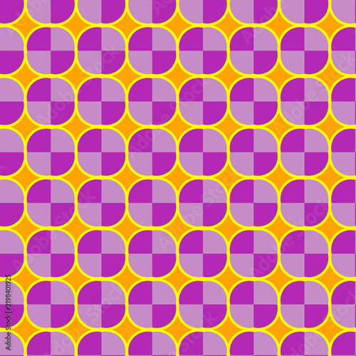 Geometric seamless pattern with purple checkerboard circles on orange background