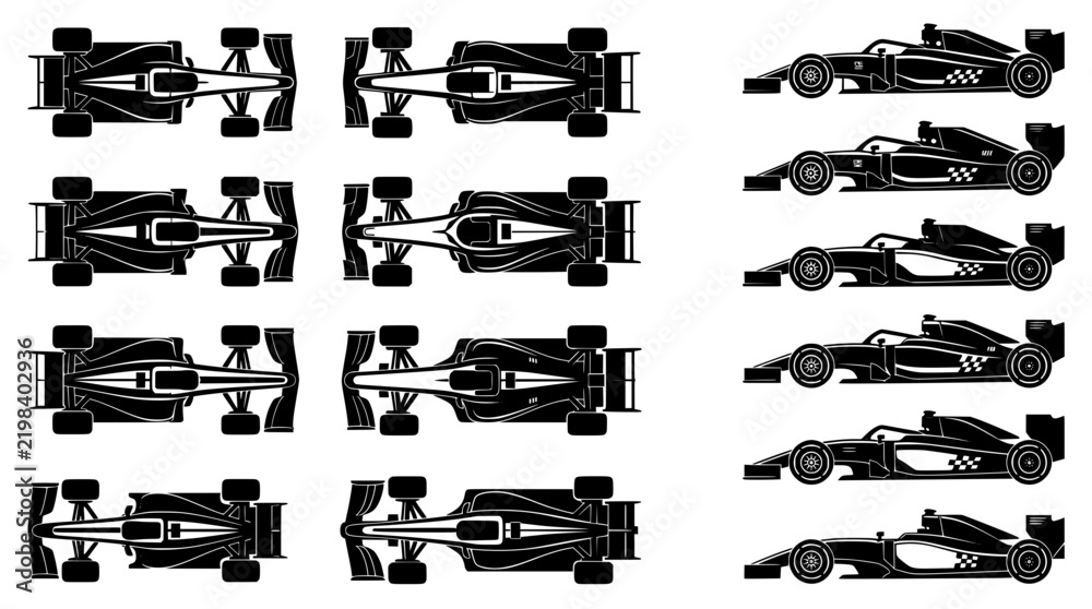 Obraz premium Set of black silhouette icons of formula one racing cars in different views