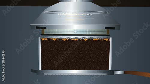 Animation of espresso extraction process detailing high pressure water injection, Darcy percolation, lipid dissolution, micrometric orifice breakthrough, and viscous crema jet formation into a glass