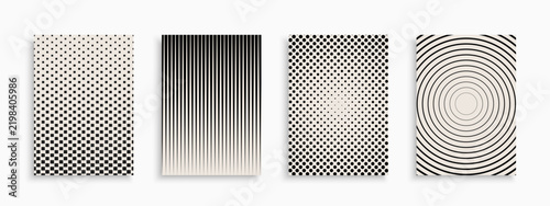 Set of monochrome halftone abstract geometric covers, templates, placards, brochures, banners, backgrounds. Minimalistic striped and dotted gradient modern posters