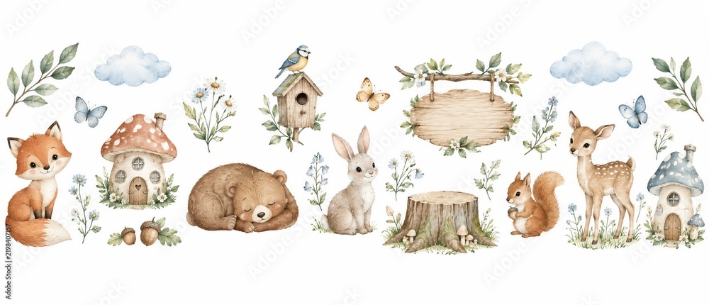 Obraz premium Watercolor woodland animal nursery collection with forest elements on white background