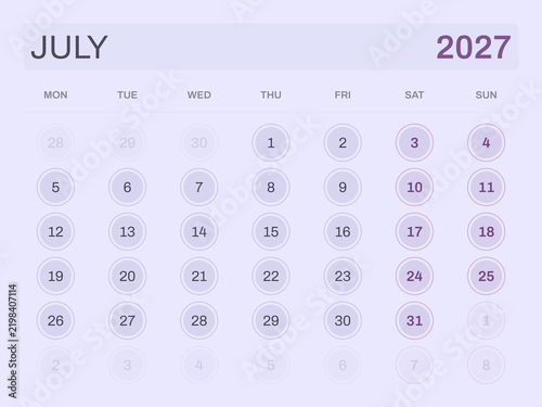 Calendar for July 2027 on light purple background