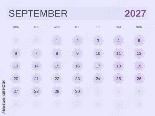 Calendar for September 2027 on light purple background