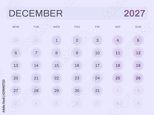 Calendar for December 2027 on light purple background