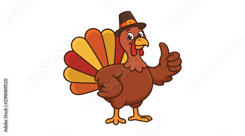 Cartoon turkey wearing a pilgrim hat giving a thumbs up