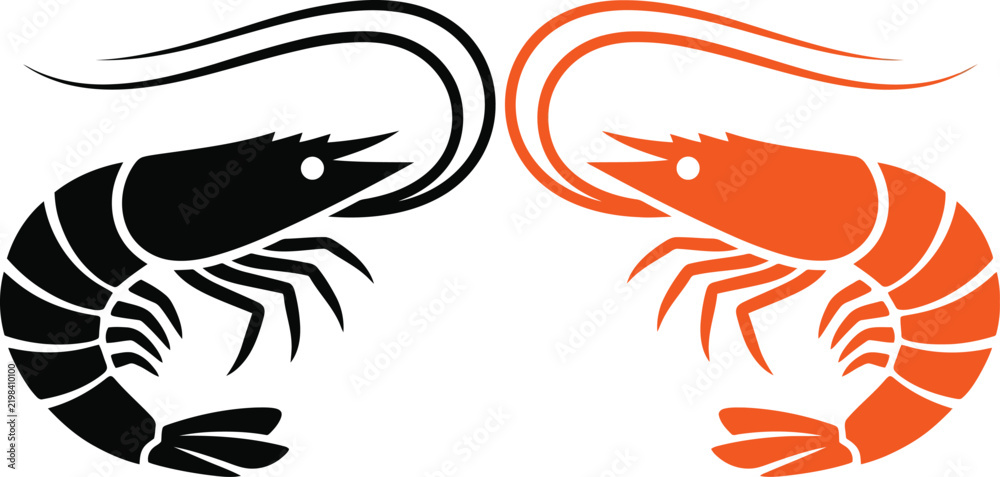Fototapeta premium Two stylized shrimp facing each other in black and orange colors on a white background featuring simple silhouettes with long antennae and segmented bodies for seafood branding