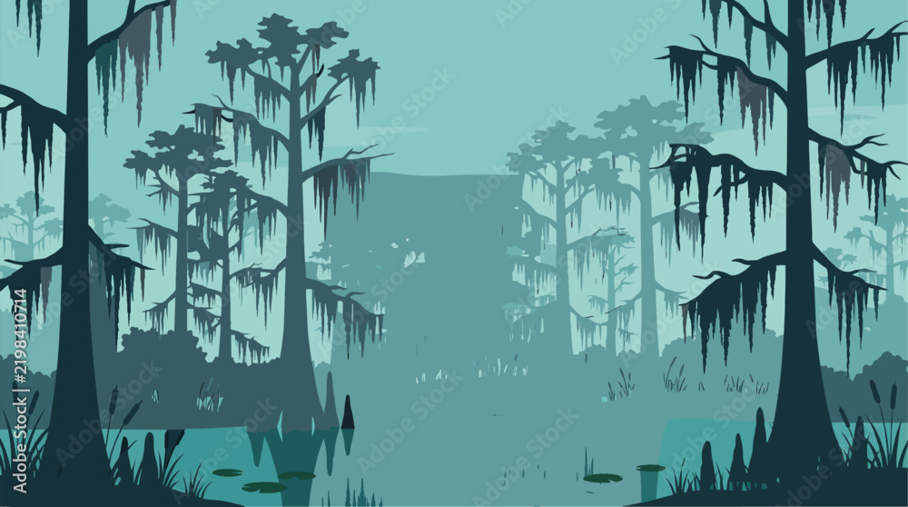 Obraz premium Flat vector illustration of a misty cypress swamp in a southern bayou with Spanish moss hanging from trees and lily pads on calm water.
