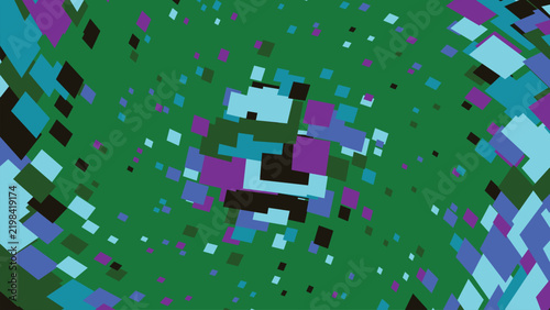 Modern background design showing scattered blue and purple squares arranged in swirling motion over deep green backdrop with digital style.