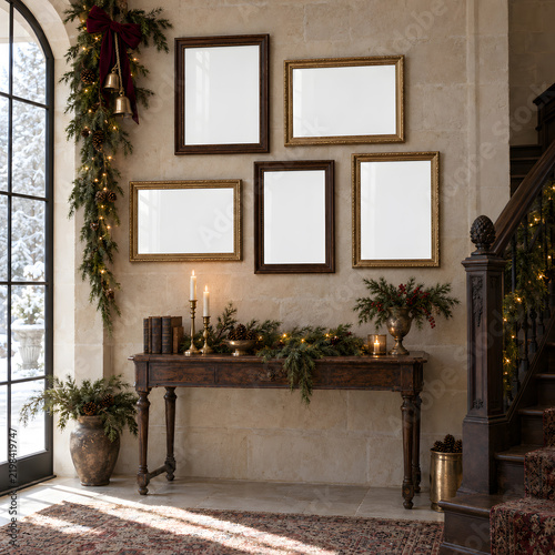 Christmas Frame Mockup, Elegant Holiday Interior, Festive Wall Art Mockup