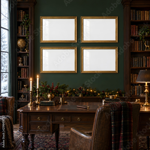 Christmas Frame Mockup, Elegant Holiday Interior, Festive Wall Art Mockup