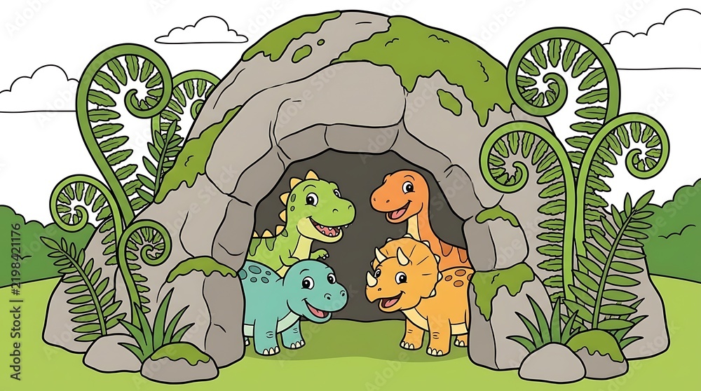 Obraz premium Cute baby dinosaurs exploring a stone cave in a prehistoric jungle landscape illustration.
