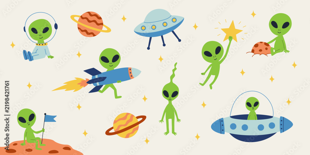 Obraz premium Cute alien space adventure collection. Green extraterrestrials, UFOs and planets vector illustrations