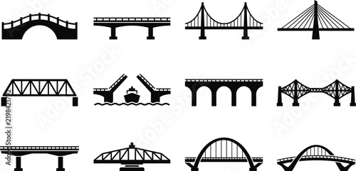 Bridge and Drawbridge Silhouette Collection, Various Transportation Infrastructure Icons