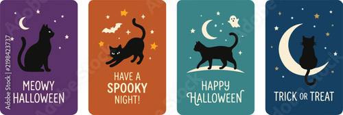 Halloween vector bookmark and card set featuring black cats, night sky, moon, and festive typography. 