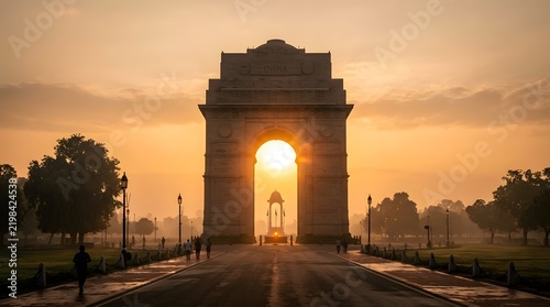 Iconic india gate war memorial in new delhi during a beautiful golden sunrise with a hazy atmosphere
