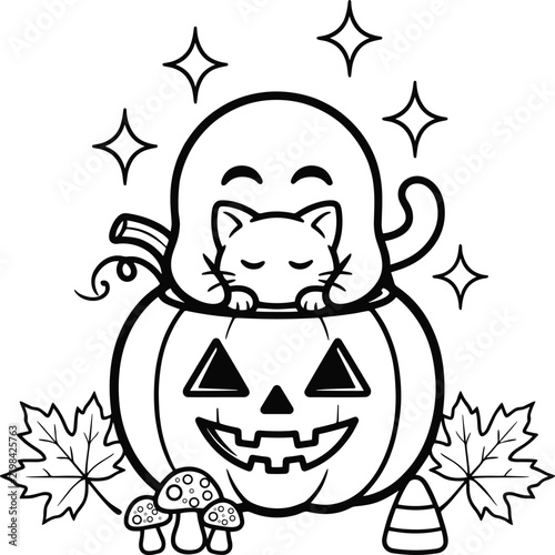 Cute ghost and cat resting on carved pumpkin with autumn leaves during Halloween celebration Vector Silhouette Isolated on white background