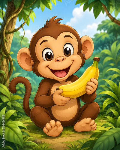 Smiling Little Cartoon Monkey Character Happily Holding a Yellow Banana in Jungle