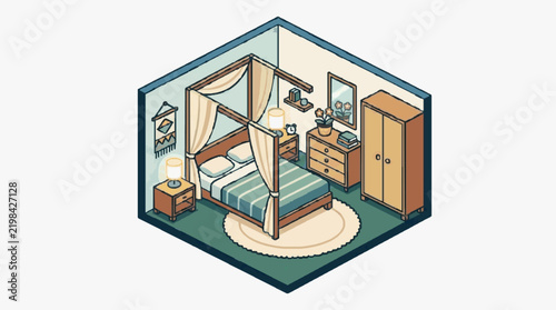 Картината върху платно Isometric Bedroom Interior with Canopy Bed and Cozy Decor