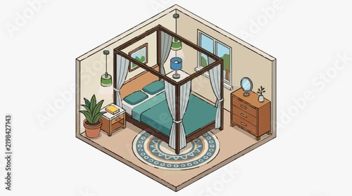 Obraz na płótnie Isometric Bedroom Interior with Canopy Bed and Decorative Rug