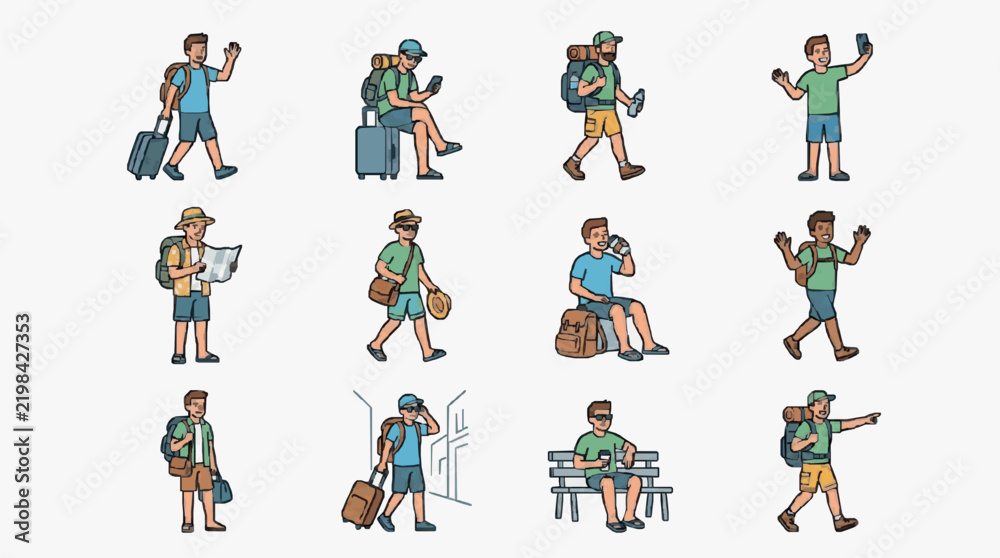 Fototapeta premium Clean Illustrated Set of 12 Traveler Icons Showing Various Scenarios with Backpacks Suitcases and Smartphones