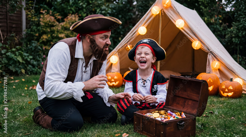 Fototapeta premium White father and son in pirate costumes with treasure chest for adventurous Halloween home party and fall advertising.