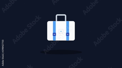 Modern white briefcase icon with blue straps on a dark background symbolizing business travel