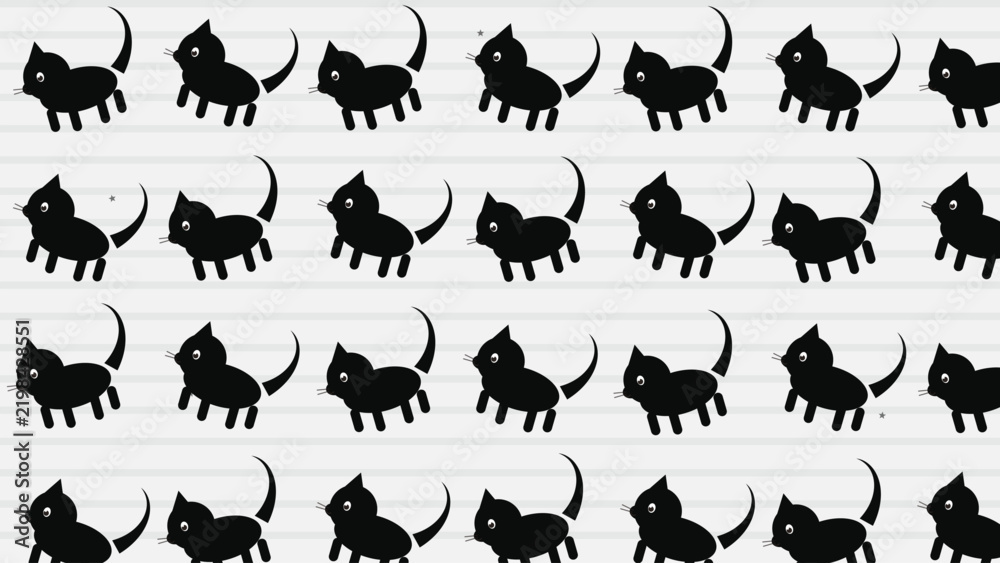 Obraz premium Seamless cute black cat pattern kawaii walking cat silhouettes off white horizontal striped background print design 