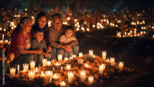 American traditions and culture, a Mexican-American family at a night vigil by a grave strewn with marigolds, copy space for text about Day of the Dead traditions