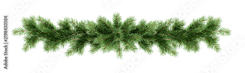 Green christmas pine branch garland border isolated on transparent background