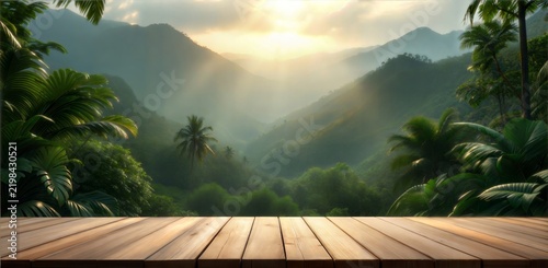 A Serene and Stunning Mountain Landscape at Sunrise, Adorned with Lush Greenery all Around