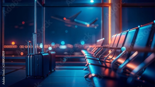 An empty airport hall captures traveler preparing for overnight journey amidst glowing runway lights