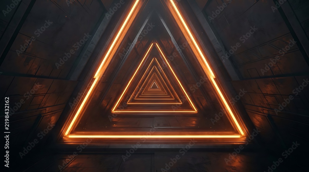 Obraz premium Glowing orange neon triangular tunnel with dark metallic textured walls, creating a deep perspective corridor effect in a sci-fi environment