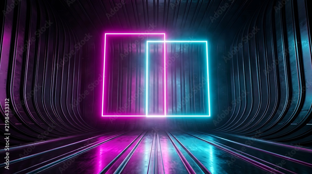 Obraz premium Two overlapping glowing rectangular neon frames, pink and cyan light in a dark metallic tunnel with reflective floor and ribbed walls