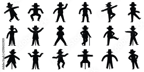 Set of various scarecrow silhouettes in different poses isolated on a white background